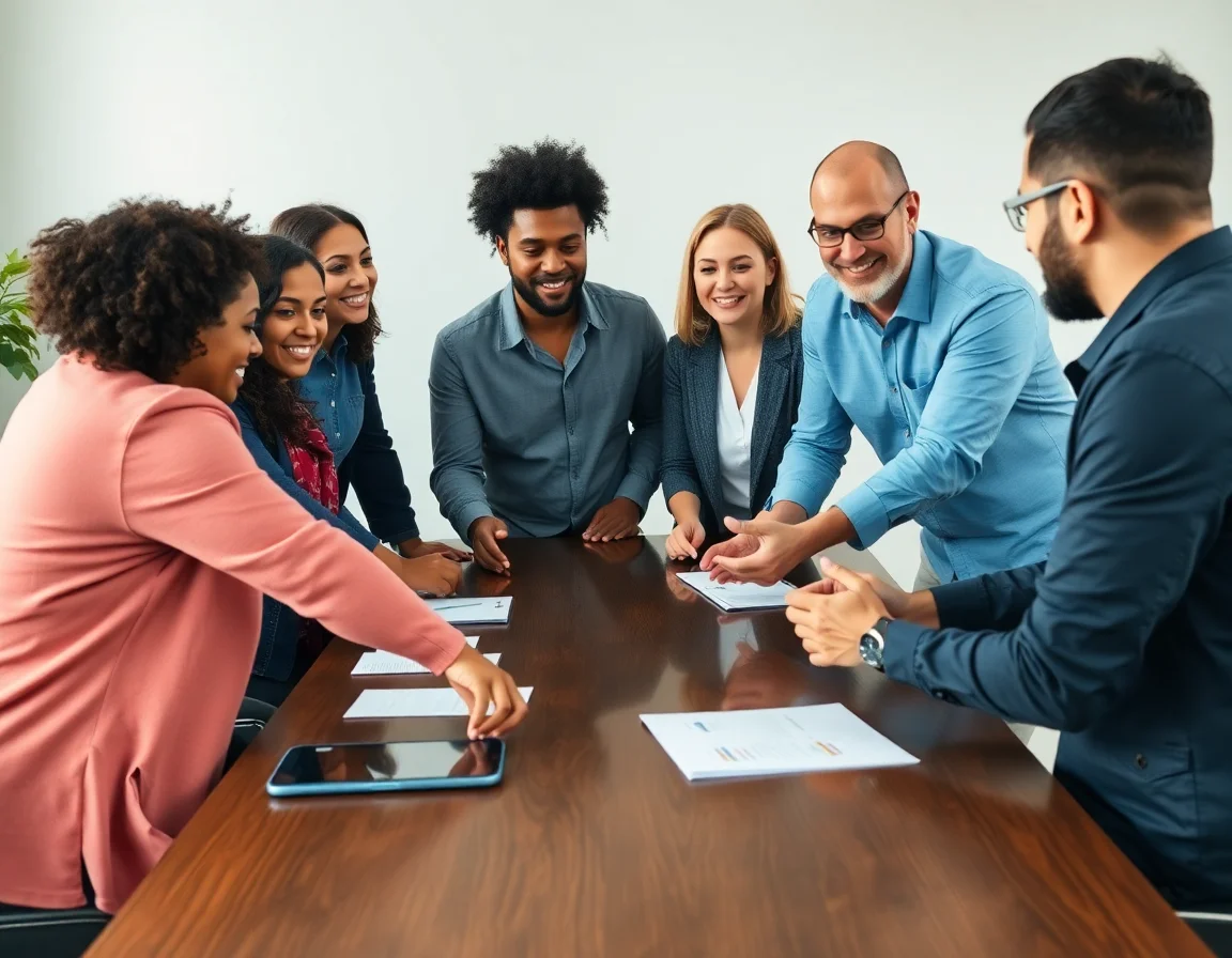 A diverse team collaborating around a table, symbolizing a transparent and solution-focused partnership.