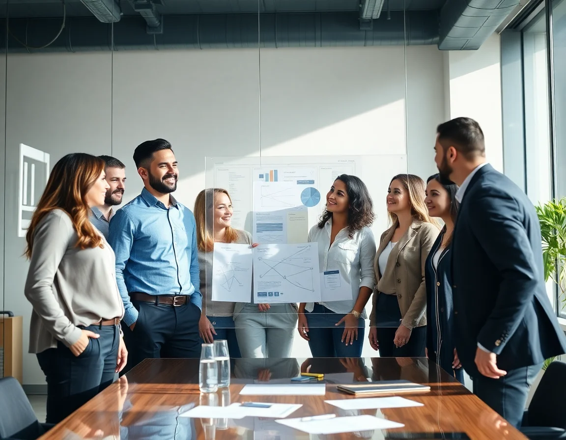 A diverse team of professionals in a strategic meeting, planning on a glass board
