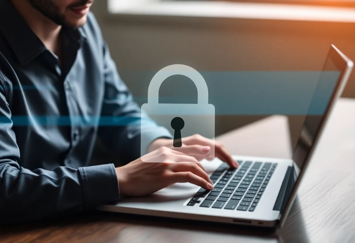 A person working on a laptop with a padlock icon overlay, symbolizing data security and privacy.