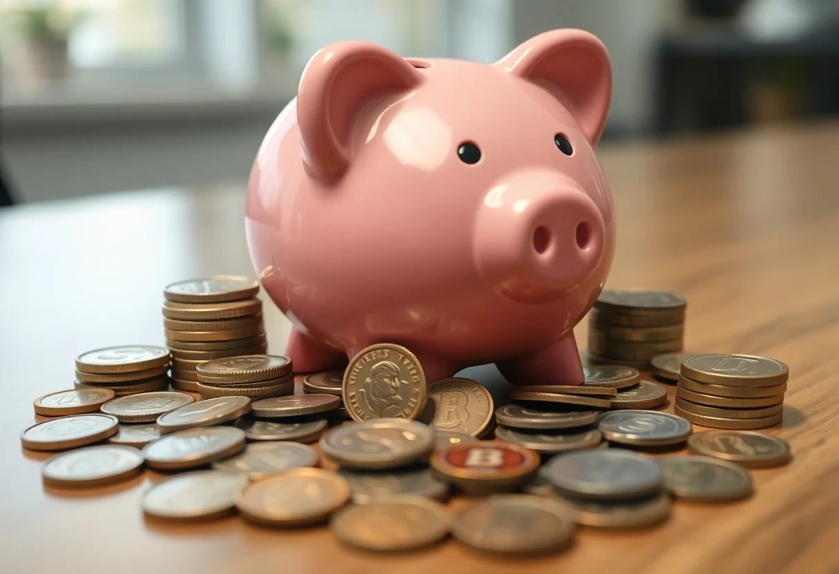 A piggy bank and coins on a table, symbolizing savings and financial planning.