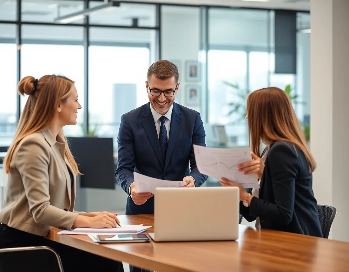 A professional team discussing financial strategies in a modern office environment.