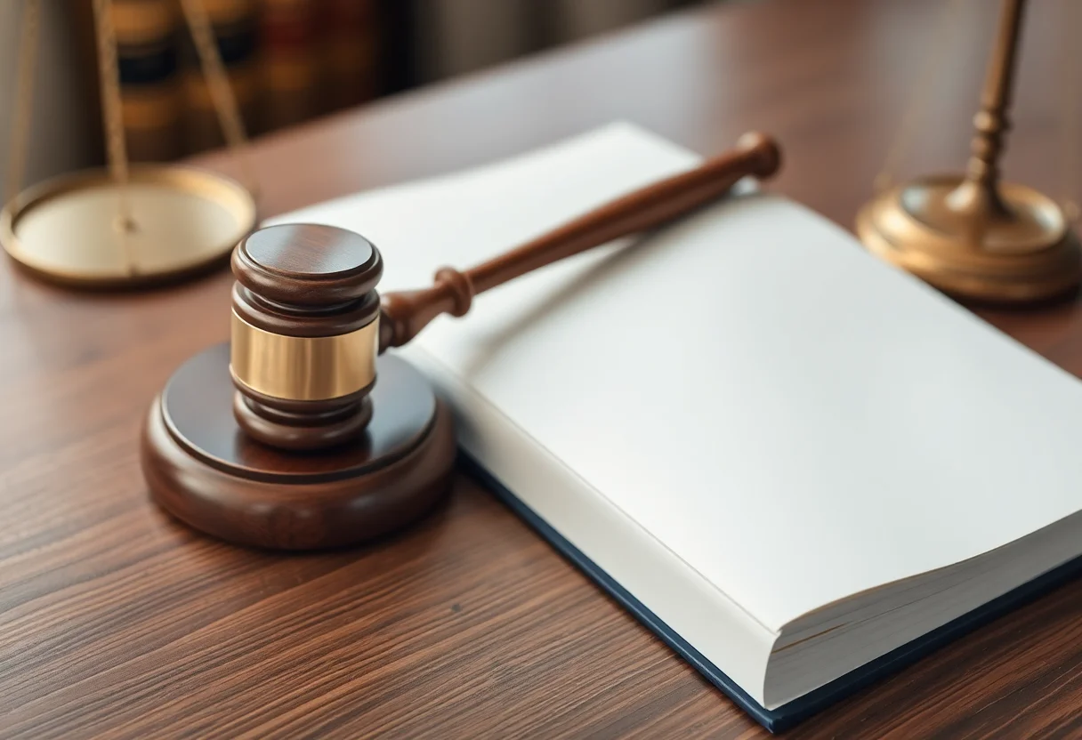 A wooden gavel and a law book on a desk, symbolizing justice and legality.
