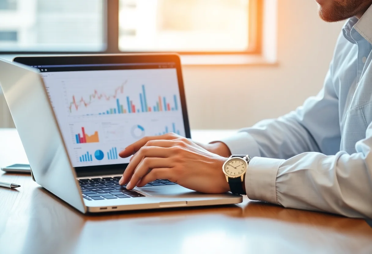 Business professional analyzing financial charts and graphs on a laptop.
