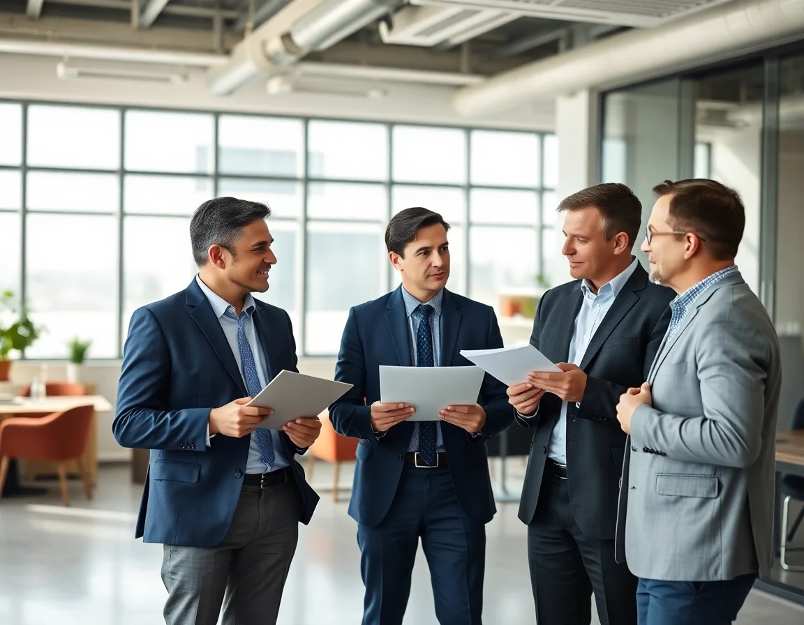 Professional team discussing financial strategy in a modern office
